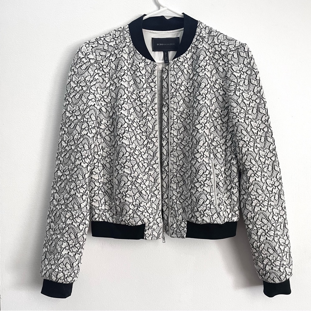 BCBG MaxAzria “Kenneth” Bomber Jacket with Floral Lace Pattern Varsity Jacket